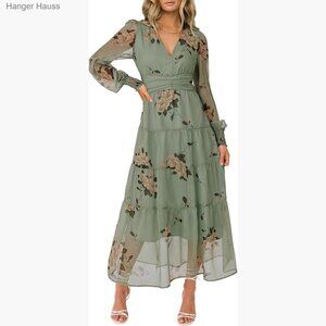 Long Sleeve Maxi Dress V-Neck Chiffon Flowy Boho A-Line Wedding Guest